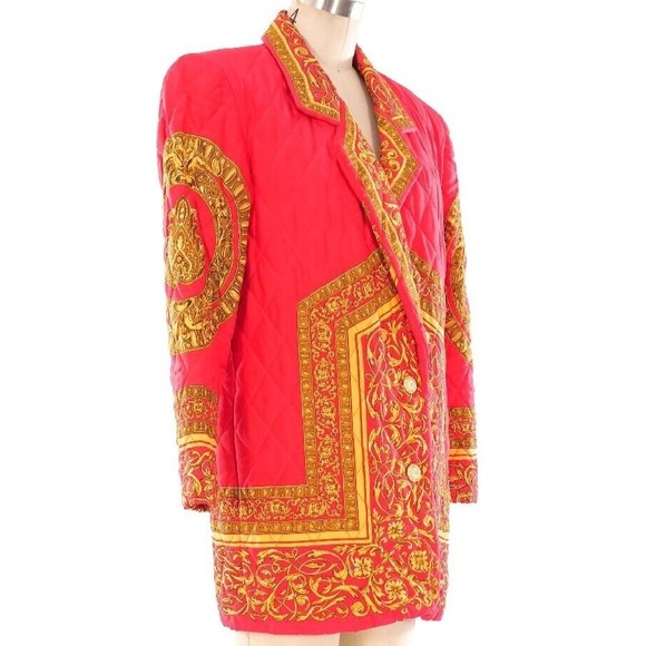 ADAM DOUGLASS Vintage Size 6 1990's Red Quilted Gold Baroque Silk Blazer Jacket - Picture 3 of 12